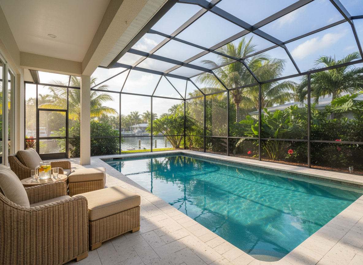 An inviting screened-in Florida pool lanai attached to a contemporary Tampa Bay home, with a turquoise rectangular pool framed by light travertine decking. A covered outdoor seating area holds two cushioned wicker lounge chairs and a small teak side table with a pitcher of citrus-infused water. Through the screen enclosure, lush tropical landscaping and a glimpse of a calm canal with docked boats are visible. Warm late-afternoon sunlight filters through, creating dappled reflections on the water and soft shadows under the chairs. Photographic realism from a wide-angle perspective emphasizes indoor-outdoor living and the relaxed lifestyle of moving to coastal Florida.