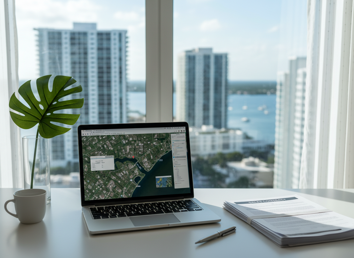 A sleek, professional real estate workspace set up on a clean white desk, featuring an open laptop displaying a Tampa Bay coastline map, a polished metal pen resting on a neatly stacked contract, and a minimalist glass vase with a single tropical leaf. Behind the desk, a large window reveals a blurred view of high-rise condos along the bay and sparkling water beyond. Soft, diffused afternoon light fills the room, creating subtle reflections on the laptop and desk surface. Photographic realism, shot from an eye-level perspective with shallow depth of field, creates a focused, professional atmosphere ideal for planning a move to Tampa Bay.