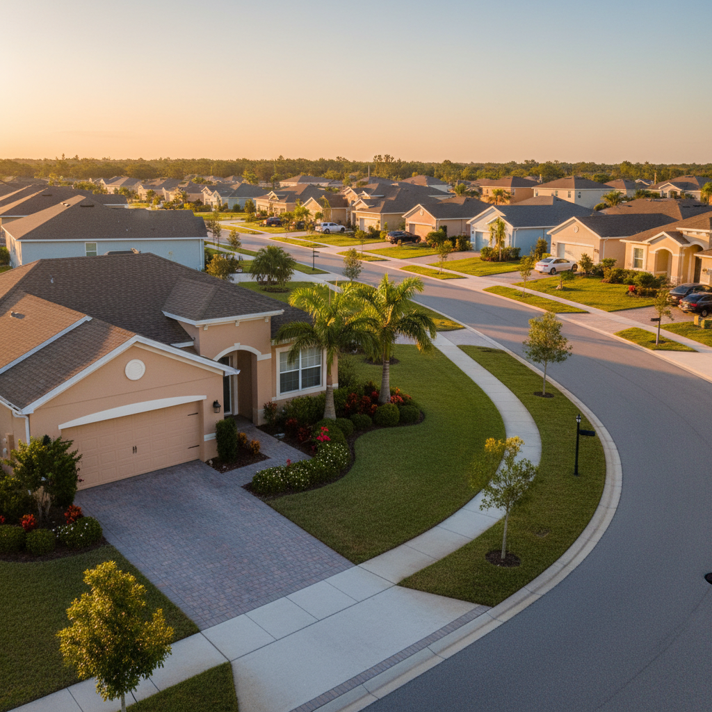 A meticulously maintained Tampa Bay suburban street lined with single-family homes, each with manicured lawns, fresh landscaping, and clean driveways. A concrete sidewalk curves gently through the neighborhood, bordered by flowering shrubs and young palm trees. The sky is clear with warm golden hour sunlight casting long, gentle shadows and a soft glow on stucco facades in sandy neutrals and soft pastels. Photographic realism from a slightly elevated angle captures several houses in sharp focus, with the distant homes softly receding. The mood is calm, safe, and welcoming, emphasizing community and the appeal of moving to this Florida neighborhood.