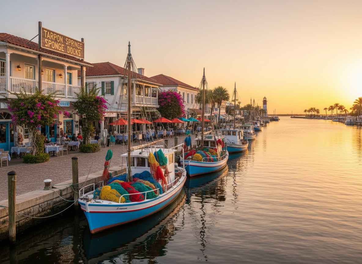 Tarpon Springs waterfront with boats along the sponge docks and a lively promenade of restaurants and shops.