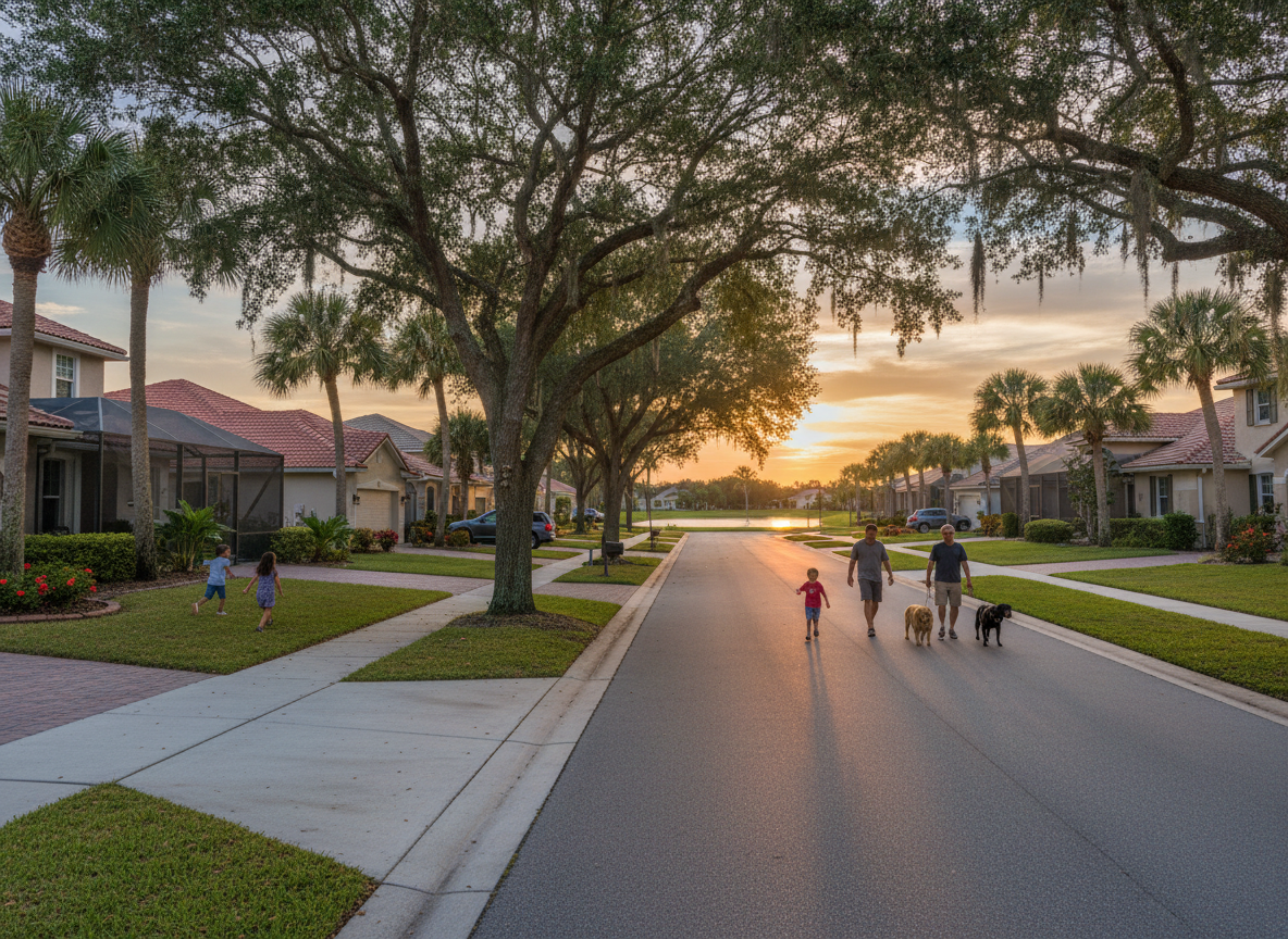 Palm Harbor neighborhood with tree-lined streets, family homes, and a peaceful suburban feel.