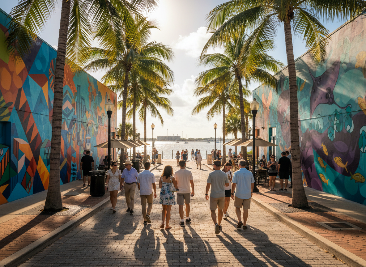 A vibrant, sunny aerial or street-level photo of St. Petersburg, Florida — colorful murals, palm trees, waterfront, people enjoying the arts district. Warm, lively, professional travel photography style.