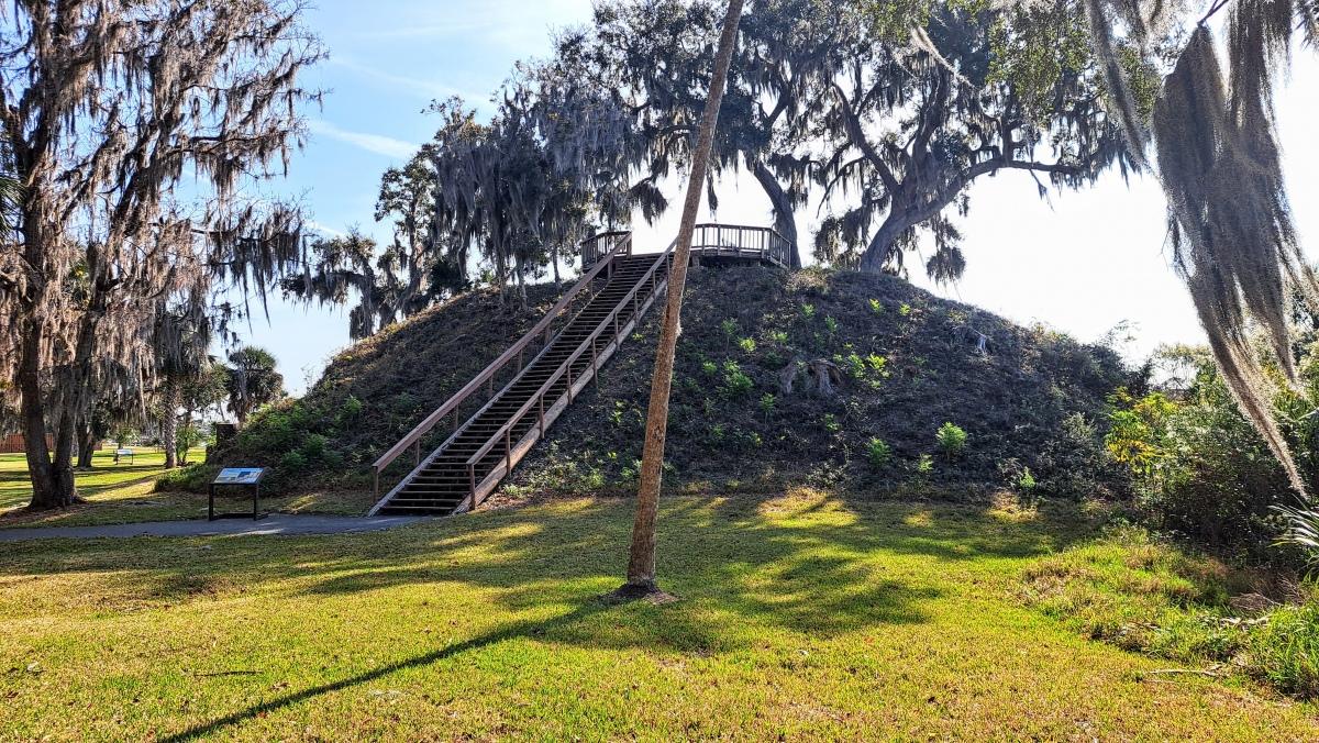 Philippe Park Native American mound with wooden staircase